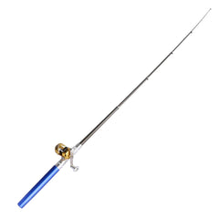 Telescopic metal fishing rod with a blue handle and a small gold and silver reel, fully extended on a white background.