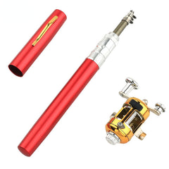 Red telescopic metal fishing rod with a matching red cap and a small gold and silver reel on a white background.