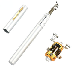 Silver telescopic fishing rod with a matching cap and a small gold and silver metal reel on a white background.