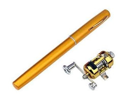 Gold pen-shaped fishing rod case next to a small gold and silver metal fishing reel on a