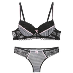 Lace Striped Lingerie Set with Bra and Panties - All The Above