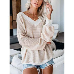 Loose V-Neck Knit Sweater with Plaid Design - All The Above