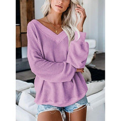 Loose V-Neck Knit Sweater with Plaid Design - All The Above