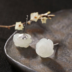 S925 Silver White Rose Jade Stud Earrings for Women - All The Above